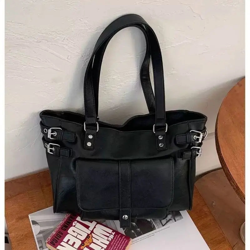 Cyflymder  Korean Vintage Brown Tote Bag Women Leather Large Capacity Shoulder Bag Ladies Preppy Style Commute Daily Crossbody Bag Chic New