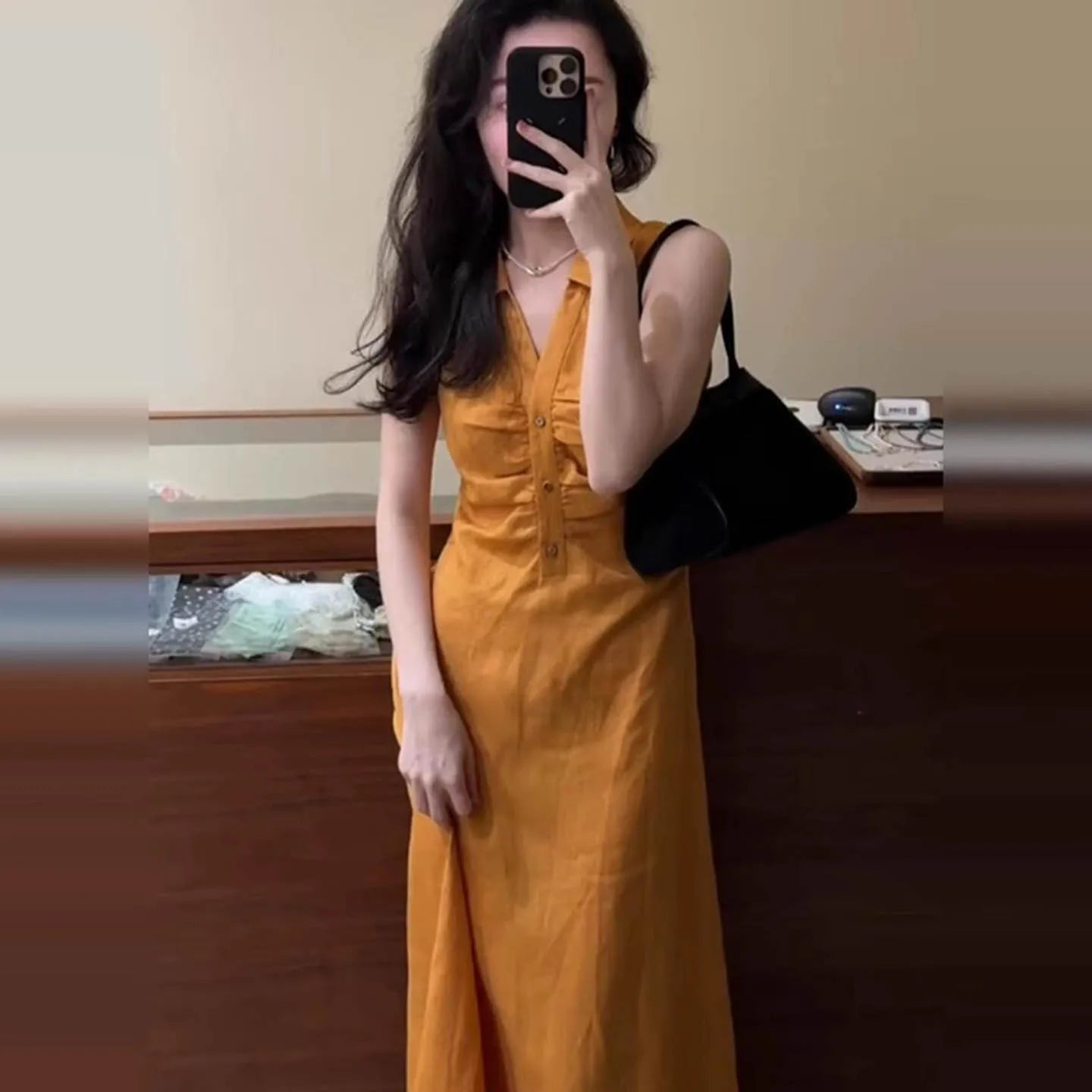 Cyflymder  Korean Style Yellow Dress Women's Summer Sleeveless Shirt Dress Elegant Waist Slimming Maxi Outfit