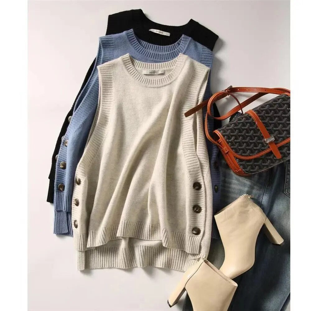 Cyflymder Sweater Cardigan O-neck Sleeveless  Women Autumn Winter Top Solid Sweater Knitted Vest Commuter Style Clothes Preppy Look