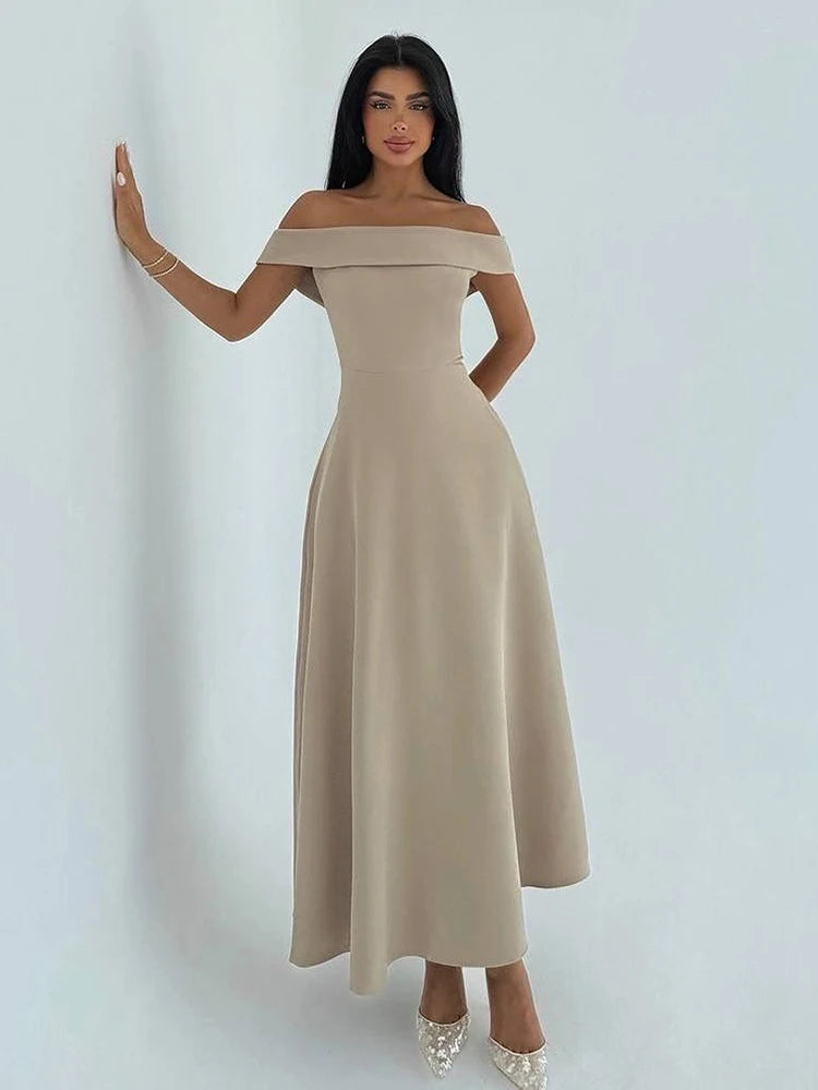 Cyflymder  Classic Sexy Slash Neck Dress Women Elegant Solid Simple Office Birthday Evening Cocktail Party Stretchy Maxi Bodycon