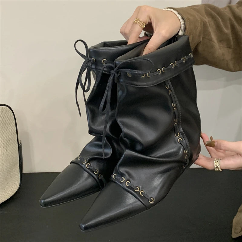 Cyflymder  Autumn Winter Soft Suede Pointed Toe Ankle Boots Women Fashion Lace Up Punk Style Modern Short Boots Ladies Wedges Party Heels