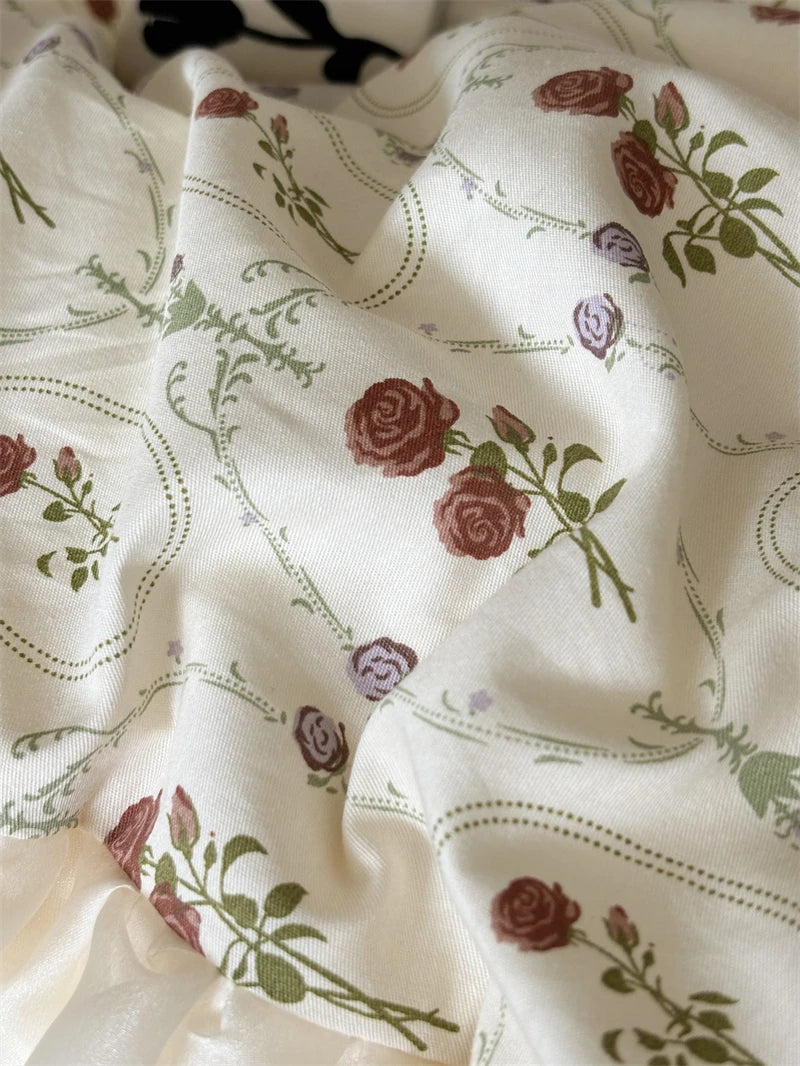 Cyflymder  4Pcs Vintage French Pure Cotton Rose Print Pleated Lace Ruffles Bedding Set Queen King Size Duvet Cover Set Bed Sheet Pillowcase
