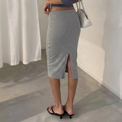 Cyflymder   Women Drawstring Waist Knit Midi Pencil Skirt Solid Gray Low‑Rise Slim Bodycon Mid‑Calf Skirt Casual Versatile Bottoms