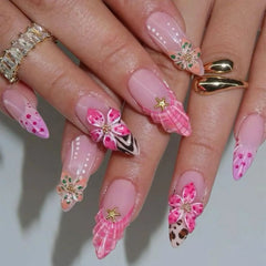 Cyflymder  24pcs Sweet Cool Press on Nails 3D Carved Flower Design Long Almond Fake Nails for Women Girls Wearable French False Nails