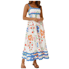 Cyflymder  Women Sleeveless Boho Dress Suspender Wave Large Swing Flowy Casual Maxi Dress Summer Holiday Printed Backless Beach Dress