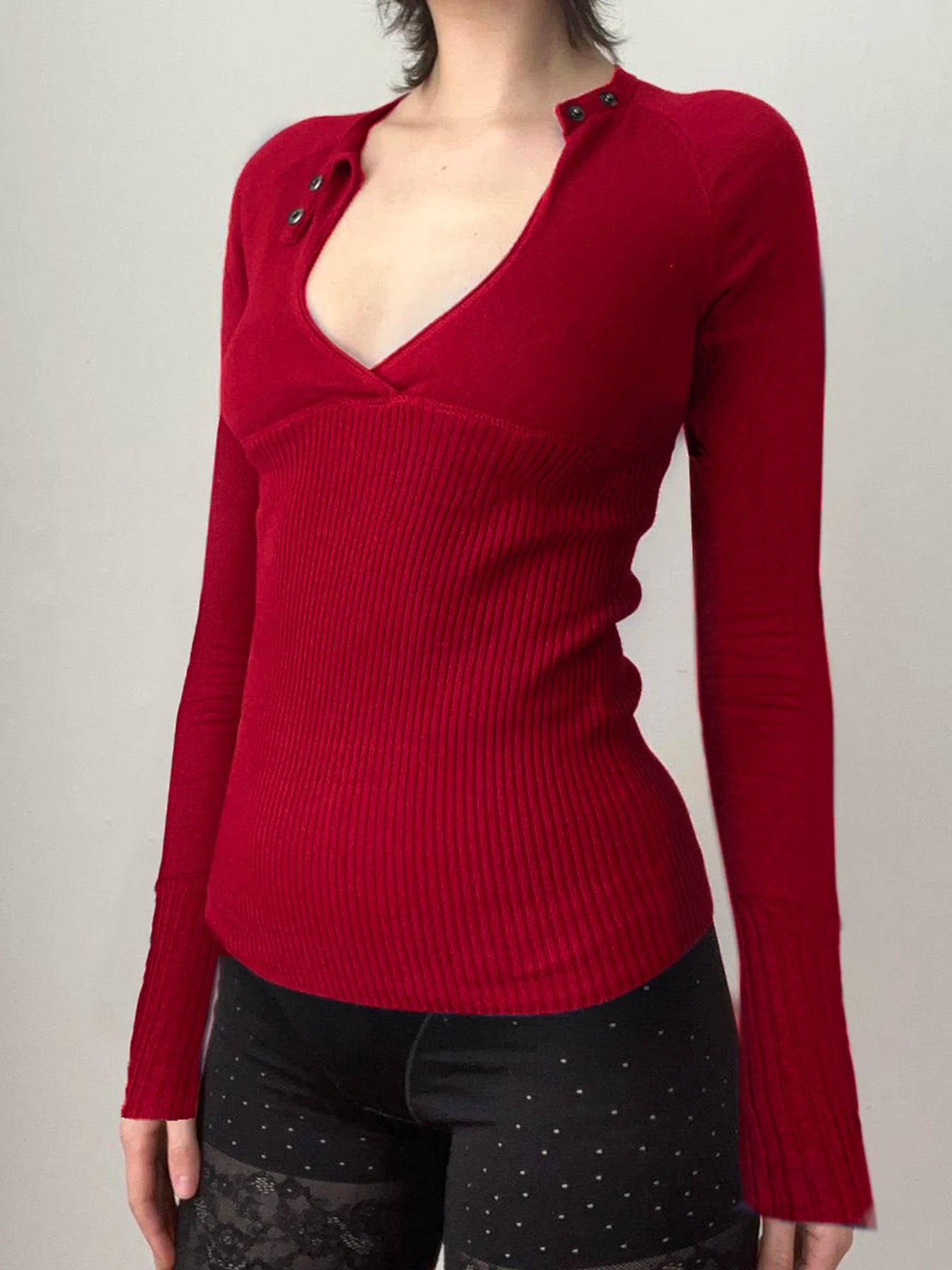 Cyflymder  Retro Button-up Hollow Out Knitwear Shirts Women Casual Skinny Basic Long Sleeve Cropped Tops Streetwear Tee Shirt Lady