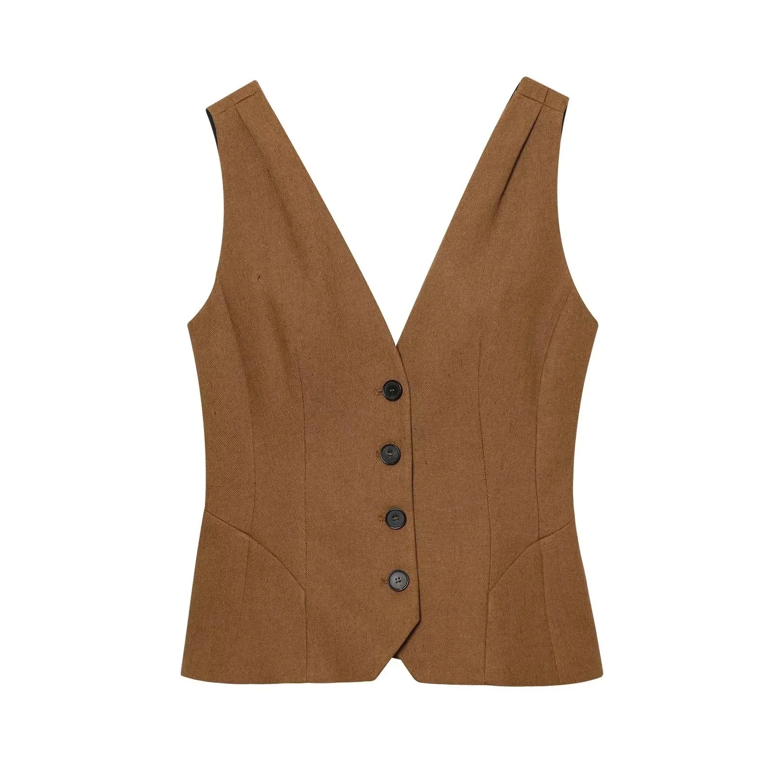 Cyflymder  Fashion Slim Vest For Women Summer 2025 New Brown Single Breasted V-neck Sleeveless Waistcoat Sleeveless Office Casual Solid Top