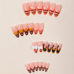Cyflymder   24pcs Cute Cartoon Black Cat Press On Nails 3D White Bowknots Pumpkin Pattern False Nails Stripes French Style Almond Fake Nail