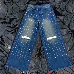 Cyflymder  Vintage Rivet Jeans high street retro loose letter printing women jeans ins versatile fashion street straight wide-leg pants