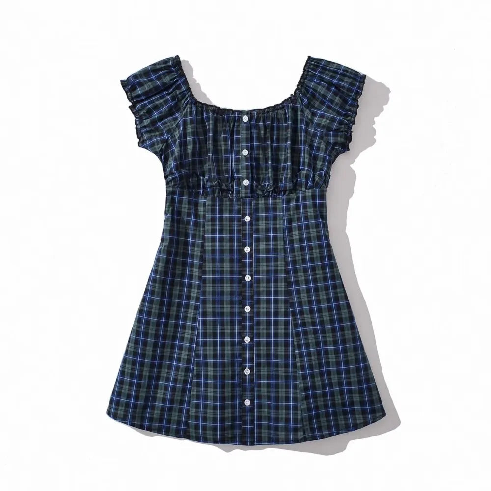 Cyflymder  CHIC Contrast Color Plaid Open Buttons Slash Shoulder Mini Dress Women Short Sleeve Slim Waist Dresses Holiday Robe Femme