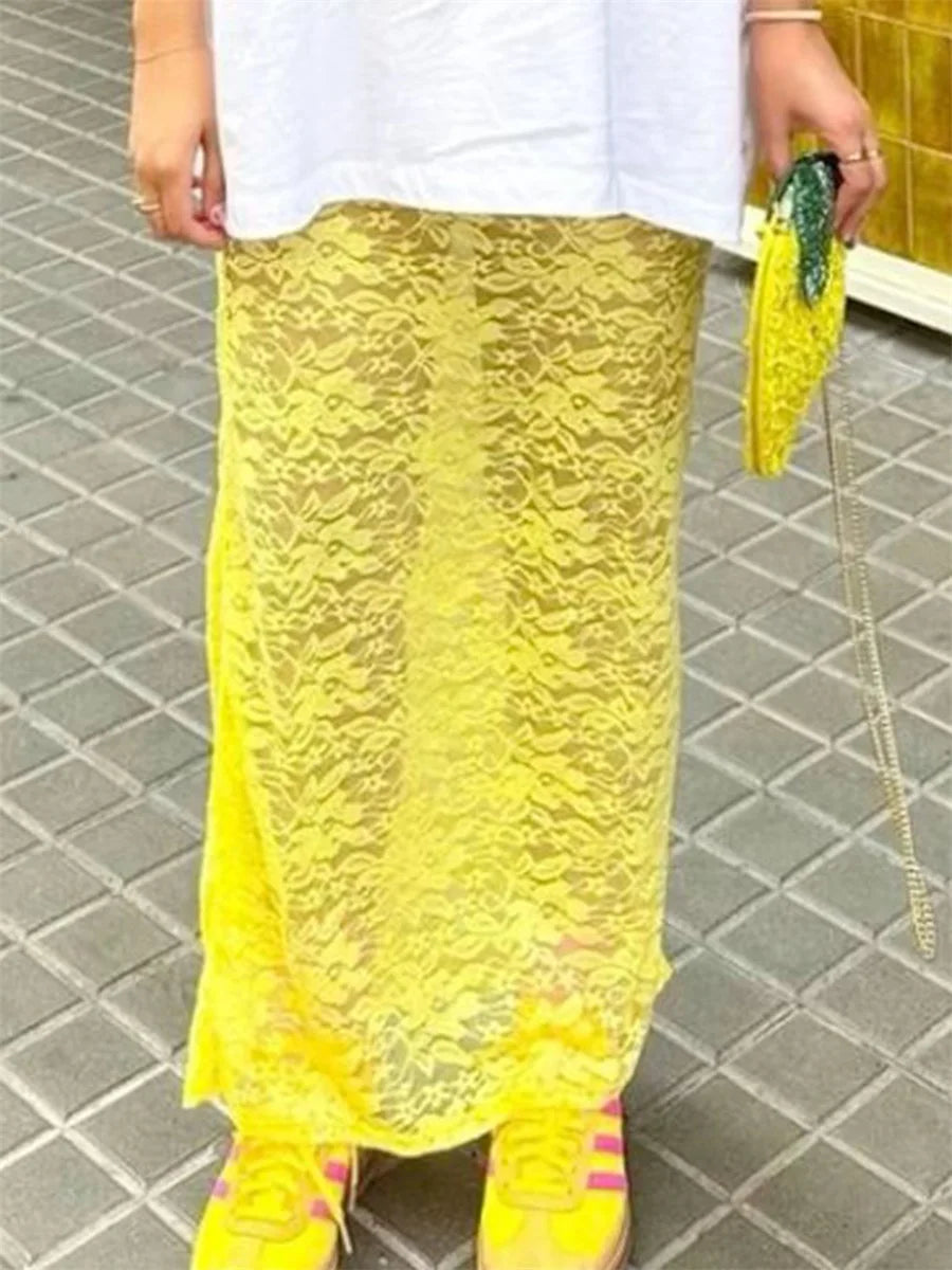 Cyflymder  Women's Summer Lace Long Skirts Elegant Low Waist Solid Color See-Through Midi Skirts Slim Fit Skirts