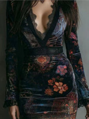 Cyflymder  Spring Autumn Winter Dress Women Long Sleeve V-Neck Flower Printing Sexy Elegant Evening Party Skinny Stretch Mini Bodycon