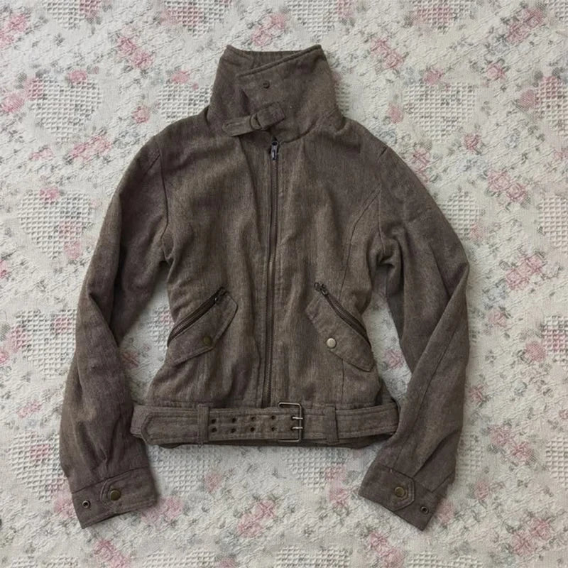 Cyflymder  Y2K Vintage Women Cropped Jacket High Neck Pockets Long Sleeve Brown Coat Gothic Punk American Fashion Chic Streetwear Outerwear