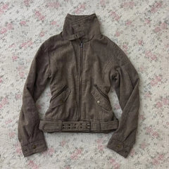 Cyflymder  Y2K Vintage Women Cropped Jacket High Neck Pockets Long Sleeve Brown Coat Gothic Punk American Fashion Chic Streetwear Outerwear