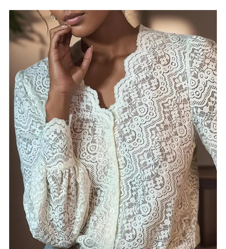 Cyflymder  Elegant White Floral Lace Blouses Shirts For Women Boho Long Sleeve Sexy V Neck Vintage Ladies Tops Casual Blouse Shirt Blusas