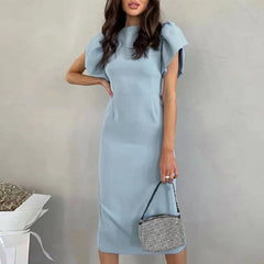 Cyflymder  Women Elegnat Crew Neck Back Split Evening Dress Spring Solid Slim Bodycon Hips Dress Summer Puff Short Sleeve Knee Dresses