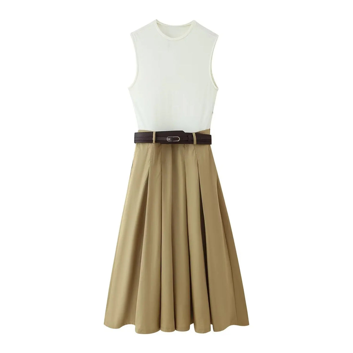 Cyflymder  Retro Chic Women's Patchwork Dress Round Neck Sleeveless Belt Pleated Maxi Dress New Fashion Summer Holiday Dress