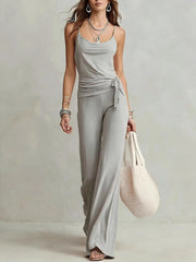 Cyflymder  Spring Women's Clothing Solid Color Sexy Outfits Top Set High Waist Wide Leg Pants For Polyester