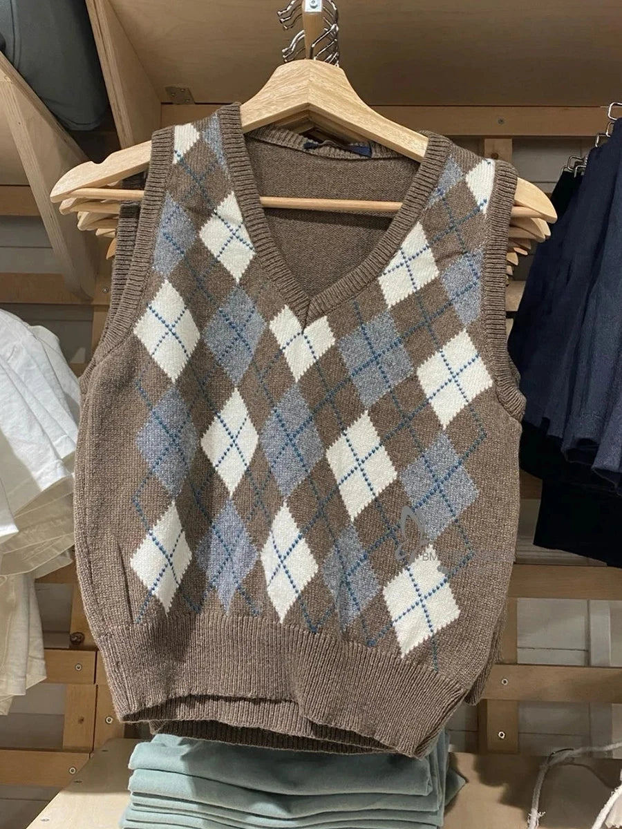 Cyflymder  Argyle V-neck Knitted Vests Women Autumn Cotton Soft Casual Sleeveless Pullover Tank Tops Vintage Streetwear Chic Slim Sweaters