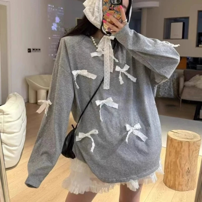 Cyflymder  Summer Fashion O Neck Long Sleeve Loose T Shirts Sweet Bow Appliques Lazy High Street Clothes Y2k Have Shoulder Pads Thin Tops