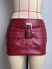 Cyflymder  Women's Punk Street Style PU Leather Mini Skirt Solid Color Metal Buckle Belt Detail Low Waist Slim Bodycon Party Clubwear