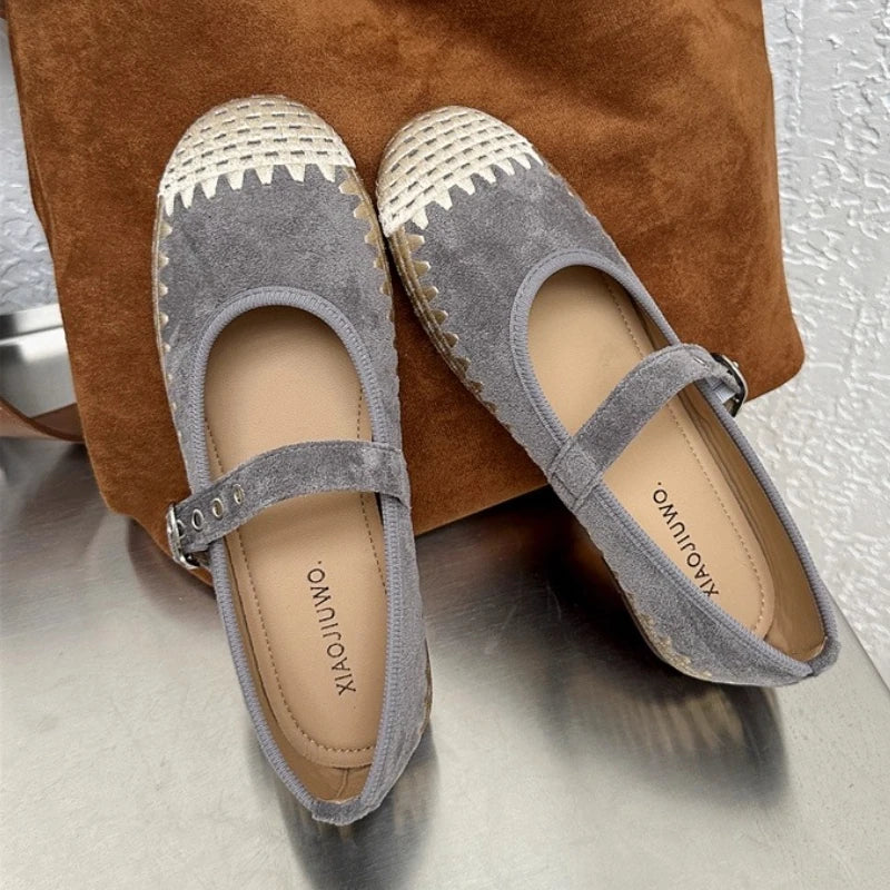 Cyflymder  New Woven Splicing Flats Women Faux Suede French Style Round Toe Buckle Mary Jane Shoes Comfort Shallow Designer Shoes Loafers