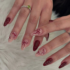 Cyflymder  24Pcs French White Lace Nails Set Press on Bow Flower Pearl Full Cover Fake Nails Tips Mid-length Almond Detachable False Nails