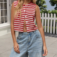 Cyflymder  y2k Knitted Vest Women Summer Striped Round Neck Sleeveless Button Up Sweater Tank Tops 2000s Party Clothes Streetwear
