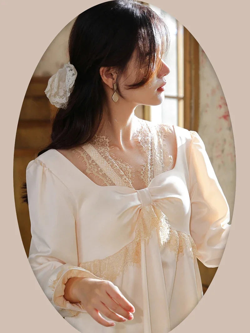 Cyflymder  Women Long Sleeve Pajamas Ladies Spring Vintage Princess Lace V-Neck Ice Silk Nightdress with Chest Pads Home Clothes Sleepwear