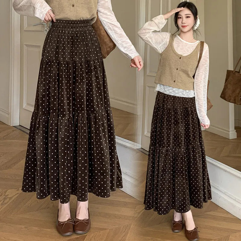 Cyflymder  French Suede Printed Polka Dot Skirt Women Vintage Elastic Waist A-line Skirts Female Fall Winter Streetwear Faldas New