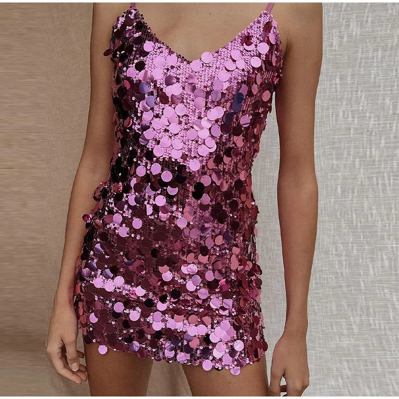 Cyflymder  Sequins Glitter Evening Party Mini Dress Women Sleeveless Backless Slim Zipper Sexy Shining Dresses A-line Solid Sexy Lady Robe