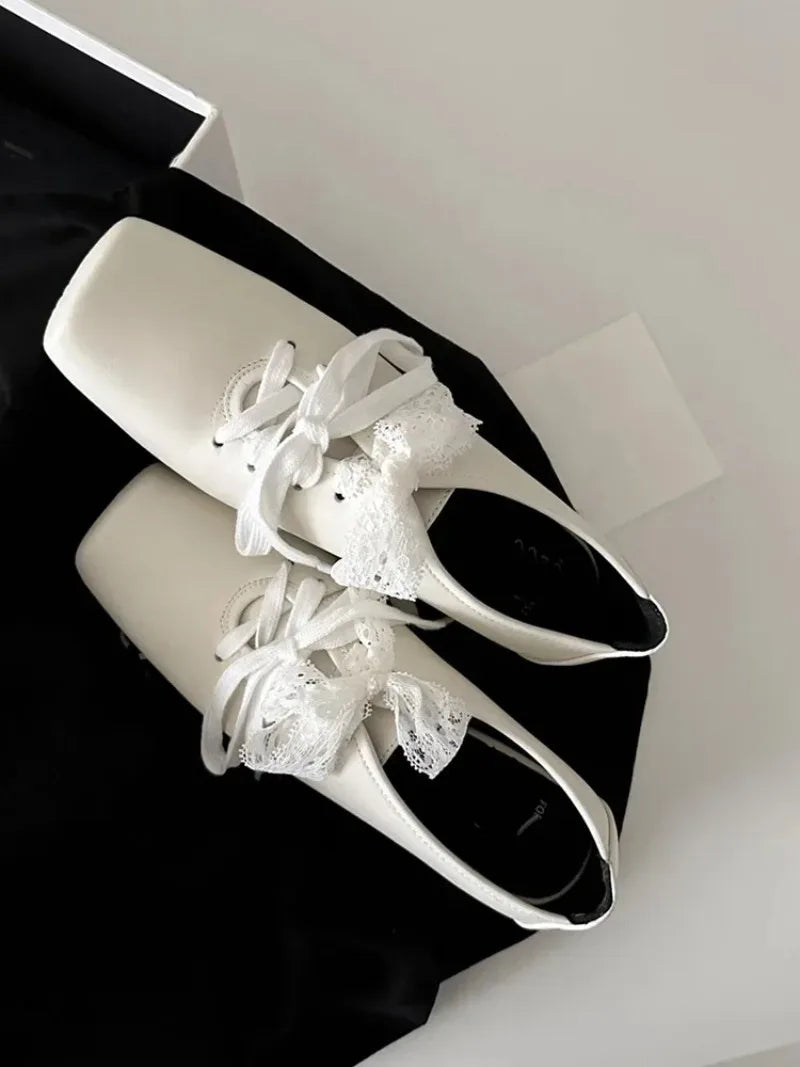 Cyflymder  French Style Low Heel Mary Jane Shoes for Women Fashion Faux Suede Lolita Square Toe Lace Up Chunky Heel Casual Designer Shoes