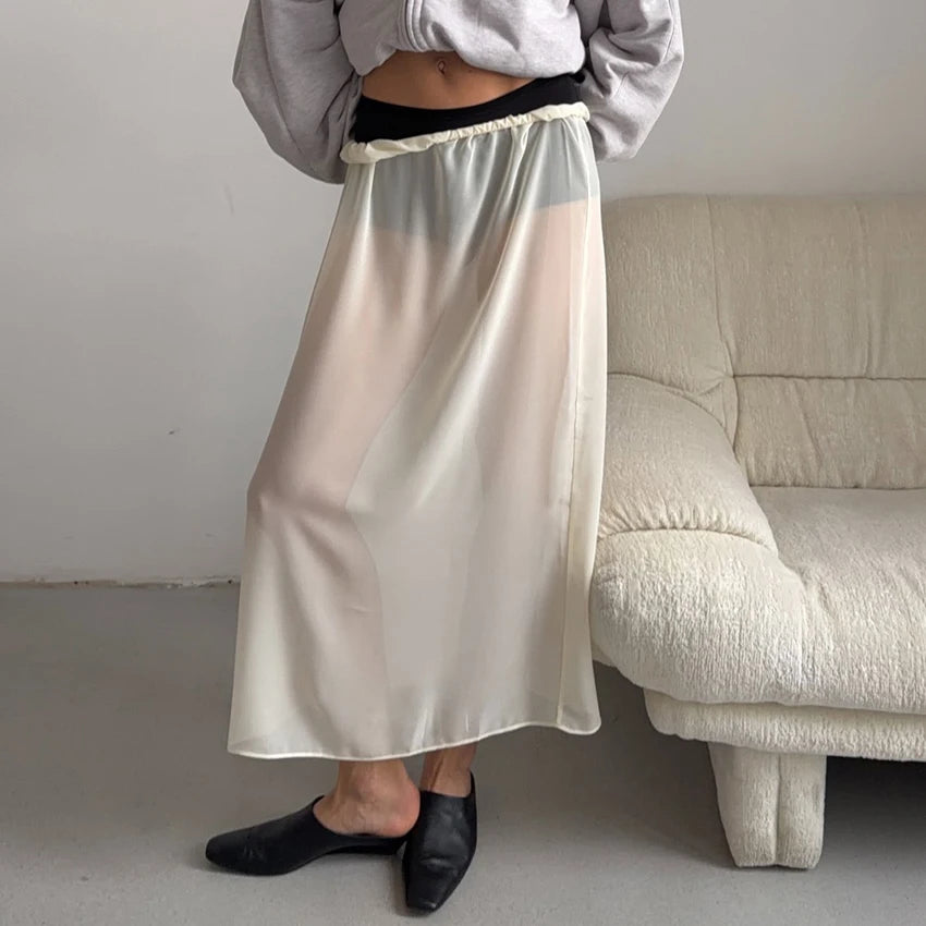 Cyflymder  Beige Casual Woven Inelastic Woman Long Skirt Soild Color Sheer Chiffon A-Line Skirt Ruffle Waistband Elastic Waist Bottom