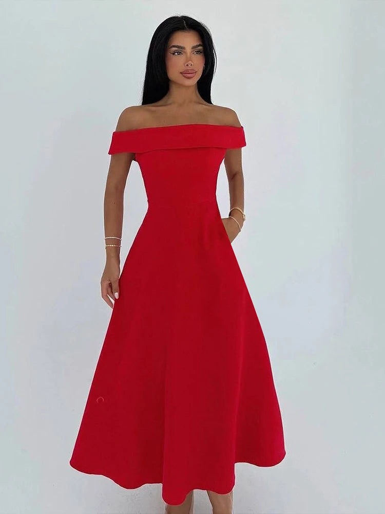 Cyflymder  Classic Sexy Slash Neck Dress Women Elegant Solid Simple Office Birthday Evening Cocktail Party Stretchy Maxi Bodycon