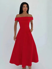 Cyflymder  Classic Sexy Slash Neck Dress Women Elegant Solid Simple Office Birthday Evening Cocktail Party Stretchy Maxi Bodycon