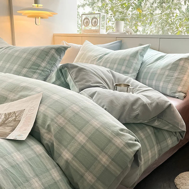 Cyflymder  Striped Gird Pure Cotton Bedding Set Skin-Friendly Non Fading Bed Linens for Home Dorm Single Double Quilt Sets for Four Seasons