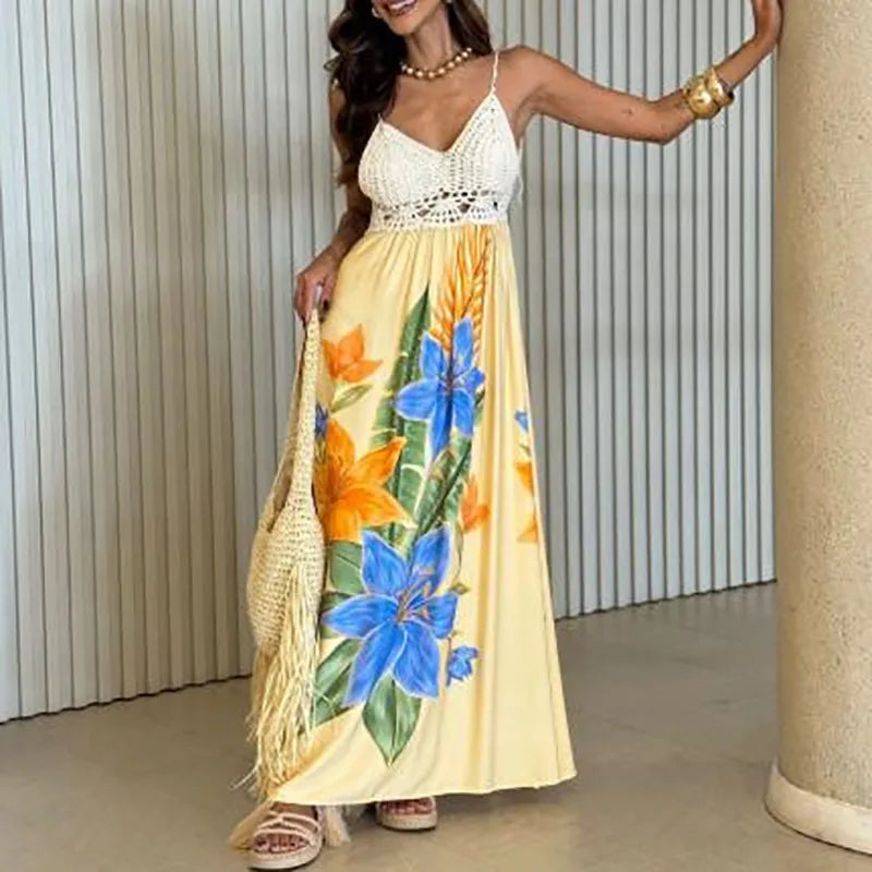 Cyflymder  Sexy Off Shoulder Crochet Hollow Suspender Dress Fashion Sleeveless Hollow Beach Long Dress Elegant Backless Printed Swing Dress