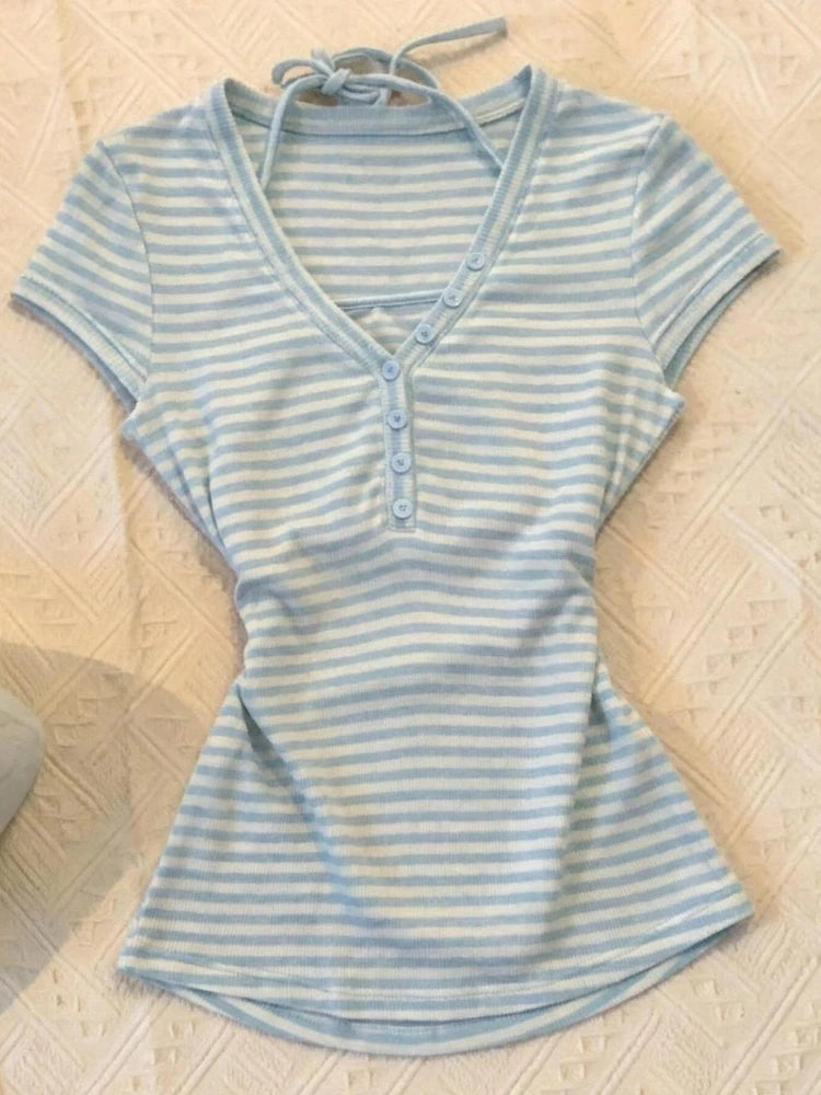 American Spice Girl Y2k Striped Strap Sling Tops Women New Design Vintage Fashion Slim T-shirt Aesthetic Retro Lovely Clothing
