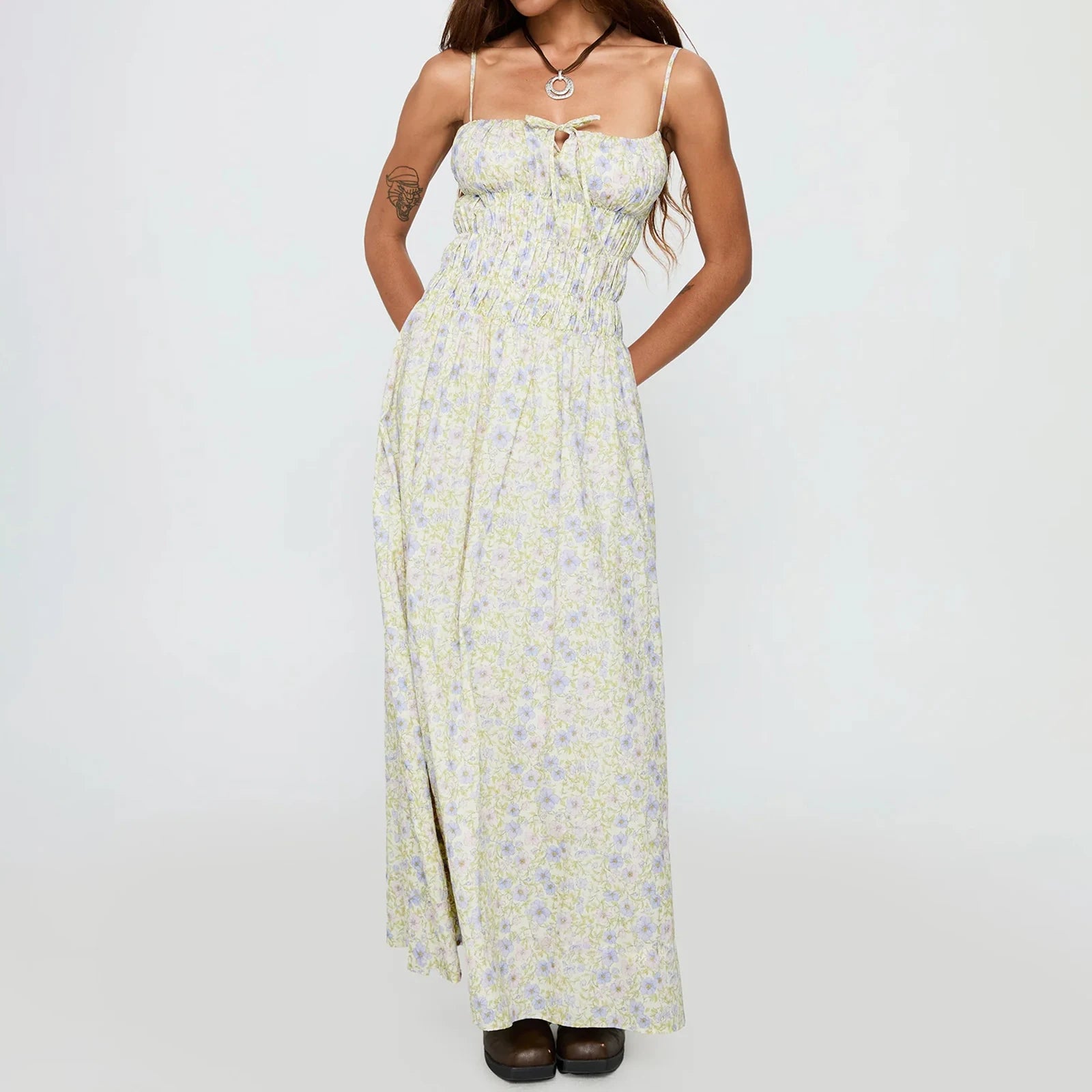 Cyflymder  Smocked Long Dress y2k Women Stripes/Floral Print Spaghetti Strap Sleeveless Dress Vacation Party Dresses Streetwear