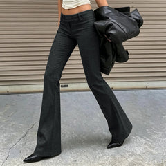Cyflymder  Women Low Waist Flare Suit Pants Double Button Slim Bootcut Trousers Solid Dark Gray Vintage Office Business Casual Streetwear