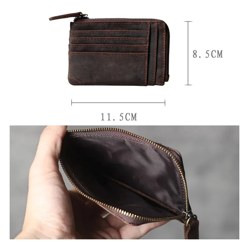 Cyflymder Handmade Vintage Crazy Horse Leather Mens Designer Wallet Slim Zipper Coin Bag ID VIP Credit Card Holder Small Simple Pouches