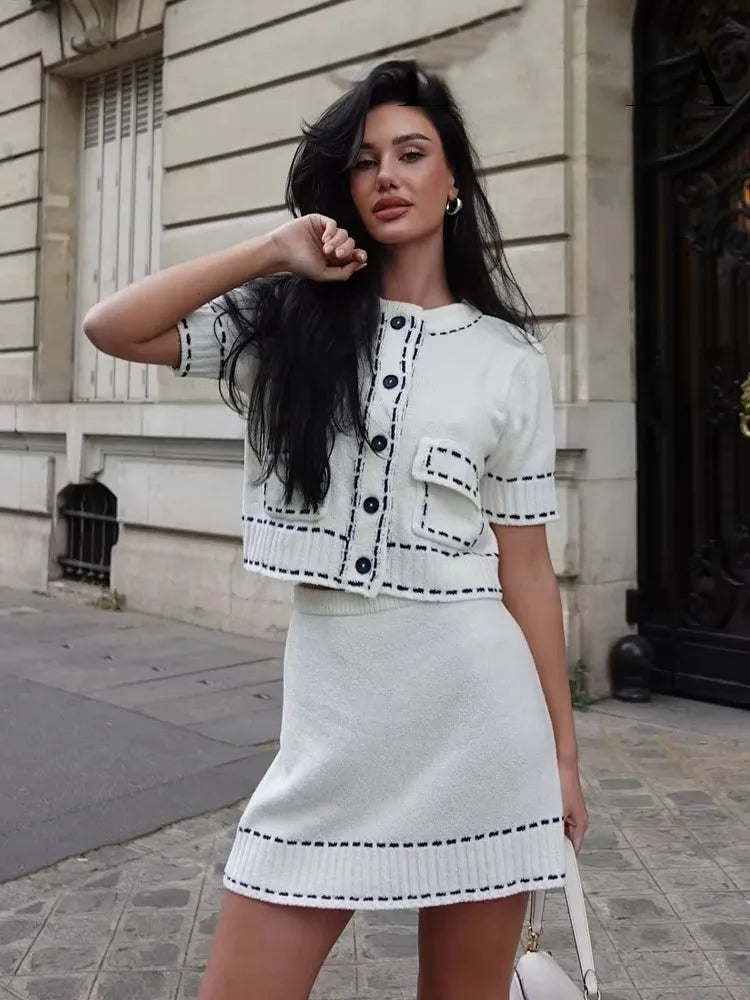 Cyflymder  Elegant Knitted Cardigan Coat Women Fashion Single-Breasted Pockets Short Sleeve Crop Sweater 2025 New Summer Casual Slim Tops