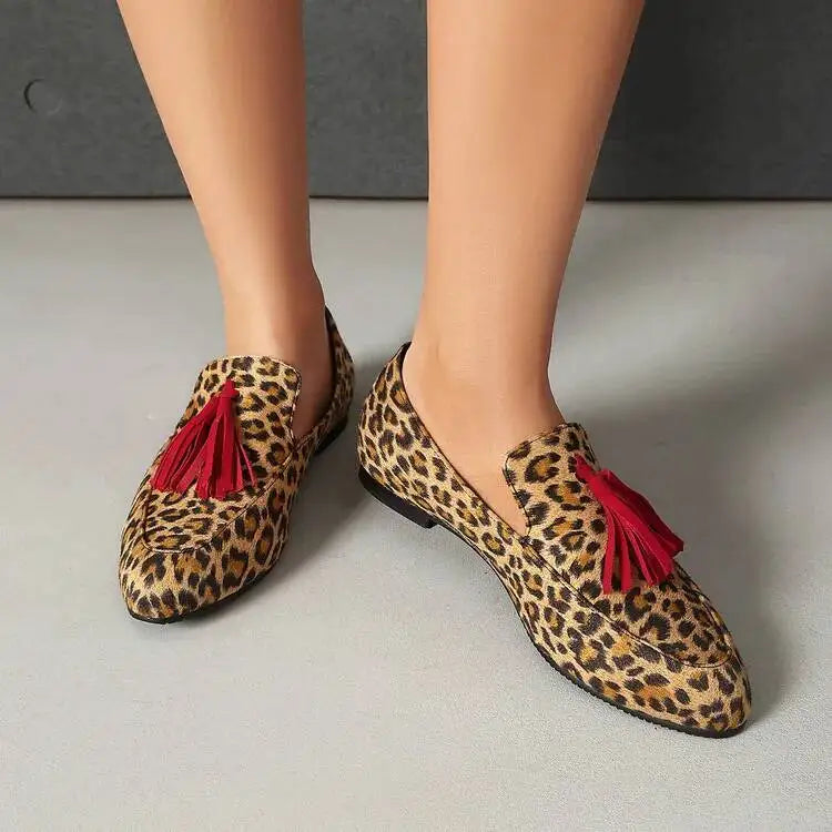 Cyflymder  Leopard Pattern Boat Shoes Suede Flat Heels Pointed-toe Loafers Big Size 34-46 Casual Shoes
