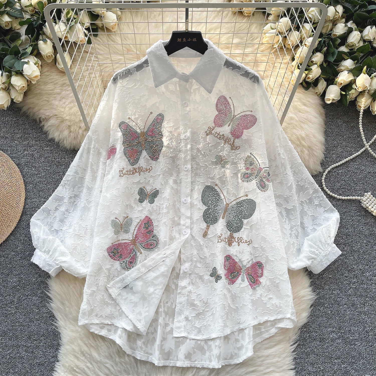 Cyflymder  Ele Vintage Bubble Sve irt Women's Loose Embroidered Me Top Spring Faionable Commute Sle Korean Version