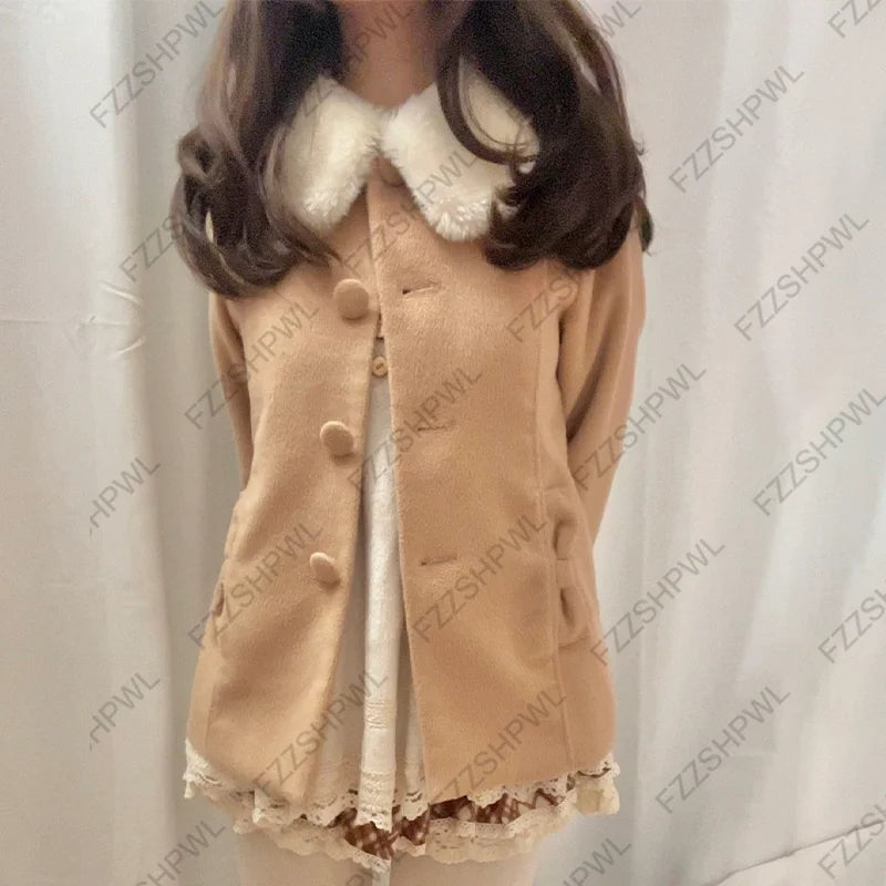 Cyflymder  Retro Preppy Short Coat Korean Chic Sweet Lolita Style Sweet girls Buttons Bow Pocket Design Autumn Winter Ladies Outerwear