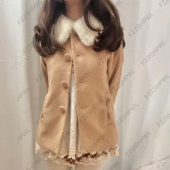 Cyflymder  Retro Preppy Short Coat Korean Chic Sweet Lolita Style Sweet girls Buttons Bow Pocket Design Autumn Winter Ladies Outerwear