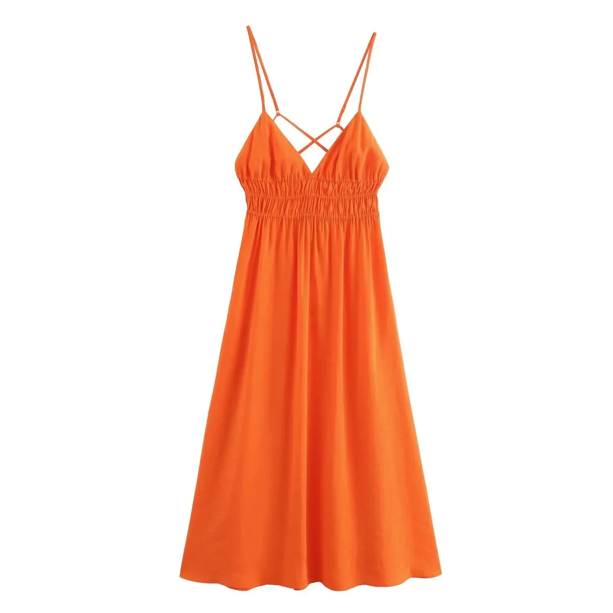 Cyflymder  Orange Backless Tie Up Sexy Summer Women Dress V Neck A-line Beach Slip Dress Spaghetti Strap Party Midi Vestidos