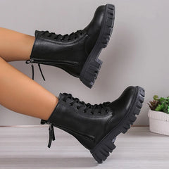 Cyflymder Black New Women Ankle Boots Autumn Winter Platform Lace Up Ladies Punk Boots Thick Sole Zipper Combat Booties Female