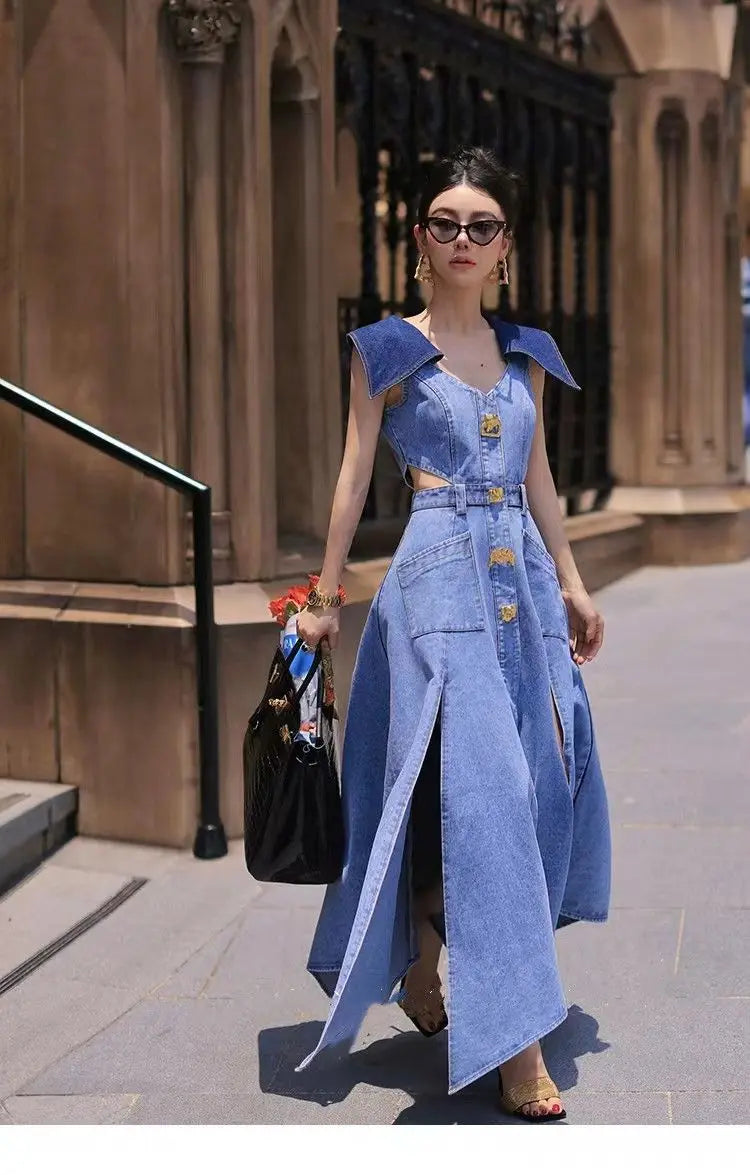 Cyflymder  Trendy Fashion Women's Metal Buckle Waist Hollow Out Denim Dress Spring Lapel Sleeveless Split Dresses Female