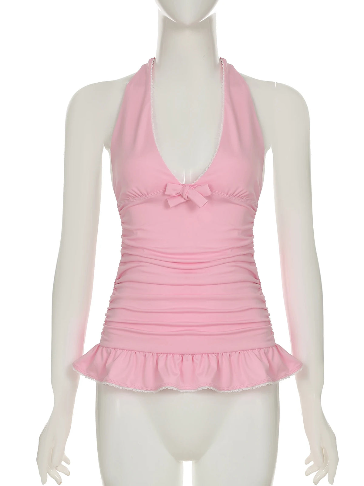 Cyflymder  Sweet Slim Bow Folds Halter Tops Solid Ruffles Deep V-Neck Sleeveless Tank Tops Women 2025 Summer Fashion Streetwear